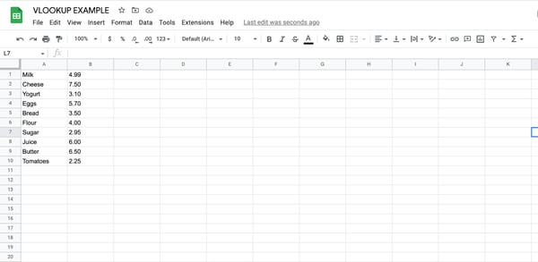 How to use vlookup in Google Sheets, step 3: Enter data